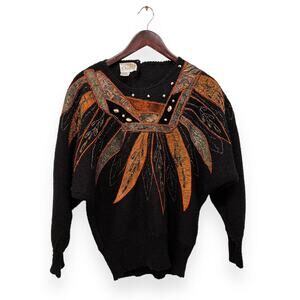VTG Feather Embellished Embroidered Sweater Size Med
